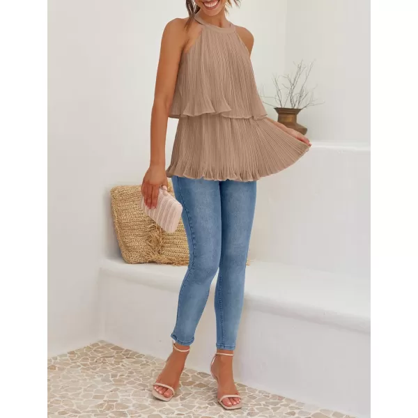 imageZESICA Womens 2024 Summer Halter Tank Tops Casual Sleeveless Ruffle Tiered Layered Chiffon Flowy Blouse ShirtsKhaki