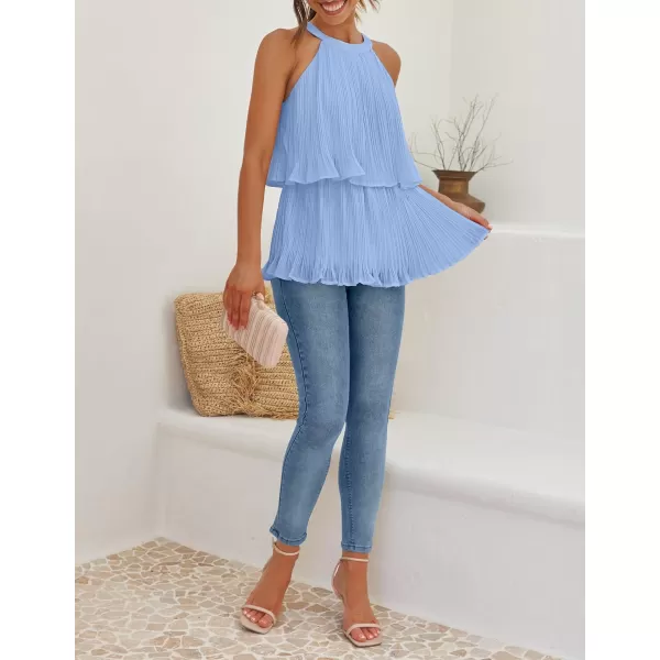 imageZESICA Womens 2024 Summer Halter Tank Tops Casual Sleeveless Ruffle Tiered Layered Chiffon Flowy Blouse ShirtsLightblue