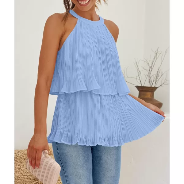 imageZESICA Womens 2024 Summer Halter Tank Tops Casual Sleeveless Ruffle Tiered Layered Chiffon Flowy Blouse ShirtsLightblue