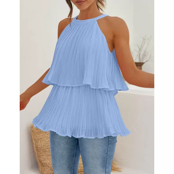 imageZESICA Womens 2024 Summer Halter Tank Tops Casual Sleeveless Ruffle Tiered Layered Chiffon Flowy Blouse ShirtsLightblue