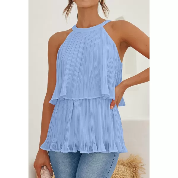 imageZESICA Womens 2024 Summer Halter Tank Tops Casual Sleeveless Ruffle Tiered Layered Chiffon Flowy Blouse ShirtsLightblue