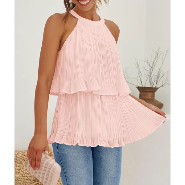 imageZESICA Womens 2024 Summer Halter Tank Tops Casual Sleeveless Ruffle Tiered Layered Chiffon Flowy Blouse ShirtsPink