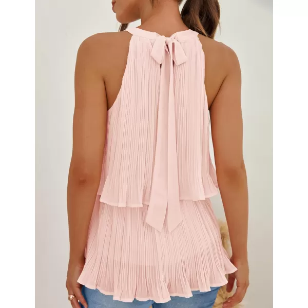 imageZESICA Womens 2024 Summer Halter Tank Tops Casual Sleeveless Ruffle Tiered Layered Chiffon Flowy Blouse ShirtsPink
