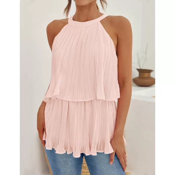 imageZESICA Womens 2024 Summer Halter Tank Tops Casual Sleeveless Ruffle Tiered Layered Chiffon Flowy Blouse ShirtsPink
