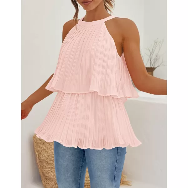 imageZESICA Womens 2024 Summer Halter Tank Tops Casual Sleeveless Ruffle Tiered Layered Chiffon Flowy Blouse ShirtsPink
