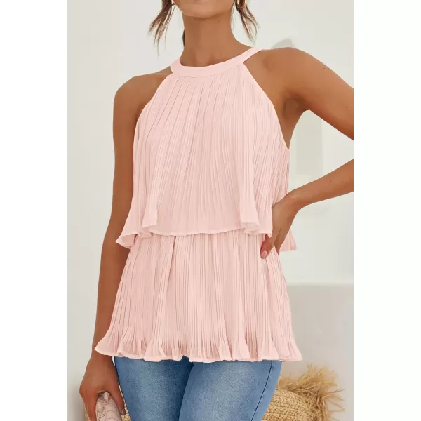 imageZESICA Womens 2024 Summer Halter Tank Tops Casual Sleeveless Ruffle Tiered Layered Chiffon Flowy Blouse ShirtsPink
