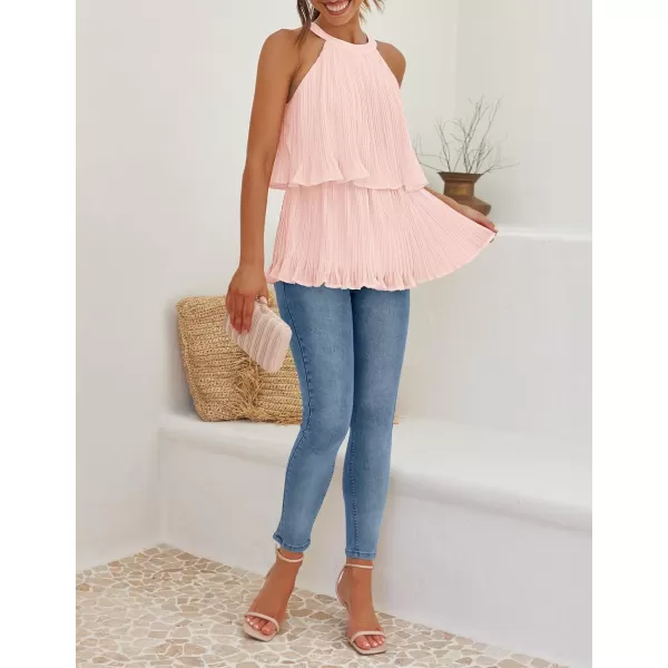 imageZESICA Womens 2024 Summer Halter Tank Tops Casual Sleeveless Ruffle Tiered Layered Chiffon Flowy Blouse ShirtsPink