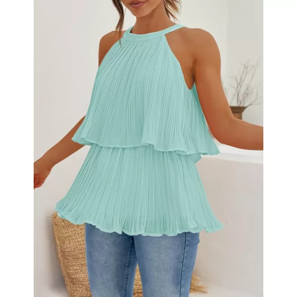 imageZESICA Womens 2024 Summer Halter Tank Tops Casual Sleeveless Ruffle Tiered Layered Chiffon Flowy Blouse ShirtsSage