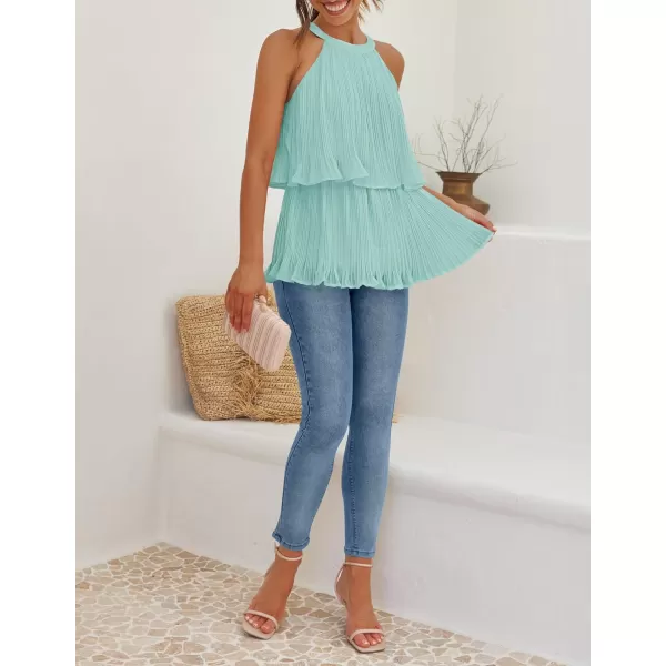imageZESICA Womens 2024 Summer Halter Tank Tops Casual Sleeveless Ruffle Tiered Layered Chiffon Flowy Blouse ShirtsSage
