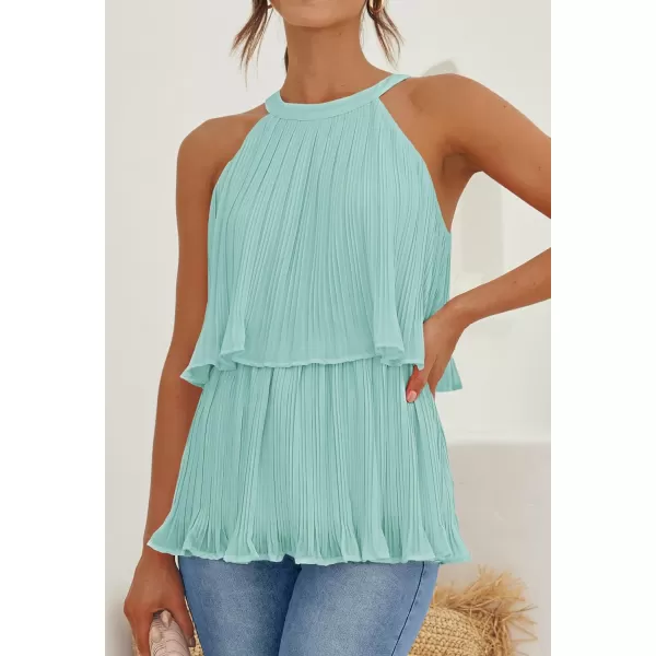 imageZESICA Womens 2024 Summer Halter Tank Tops Casual Sleeveless Ruffle Tiered Layered Chiffon Flowy Blouse ShirtsSage