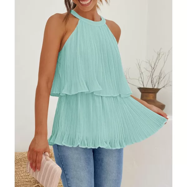 imageZESICA Womens 2024 Summer Halter Tank Tops Casual Sleeveless Ruffle Tiered Layered Chiffon Flowy Blouse ShirtsSage
