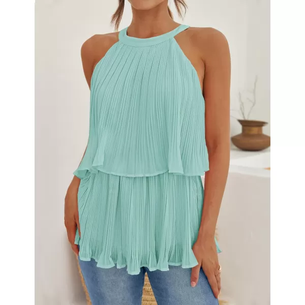 imageZESICA Womens 2024 Summer Halter Tank Tops Casual Sleeveless Ruffle Tiered Layered Chiffon Flowy Blouse ShirtsSage