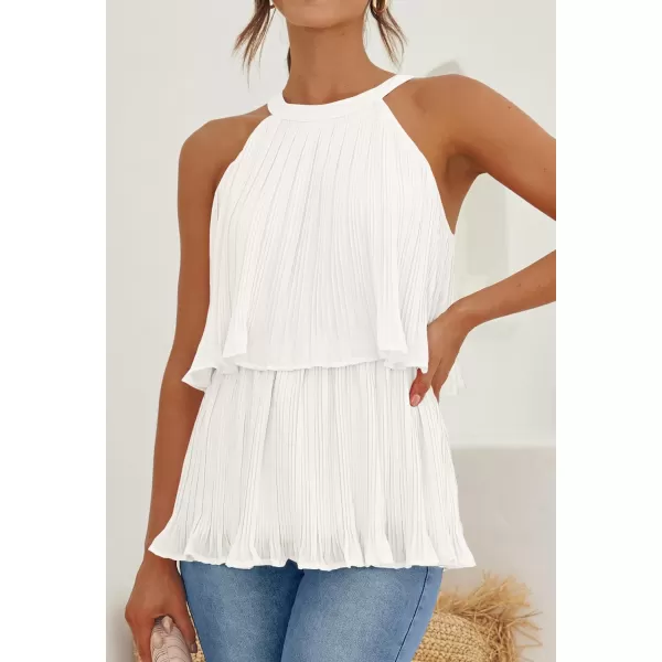 imageZESICA Womens 2024 Summer Halter Tank Tops Casual Sleeveless Ruffle Tiered Layered Chiffon Flowy Blouse ShirtsWhite