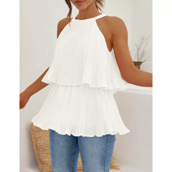 imageZESICA Womens 2024 Summer Halter Tank Tops Casual Sleeveless Ruffle Tiered Layered Chiffon Flowy Blouse ShirtsWhite