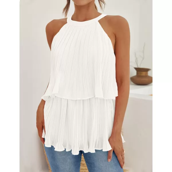 imageZESICA Womens 2024 Summer Halter Tank Tops Casual Sleeveless Ruffle Tiered Layered Chiffon Flowy Blouse ShirtsWhite