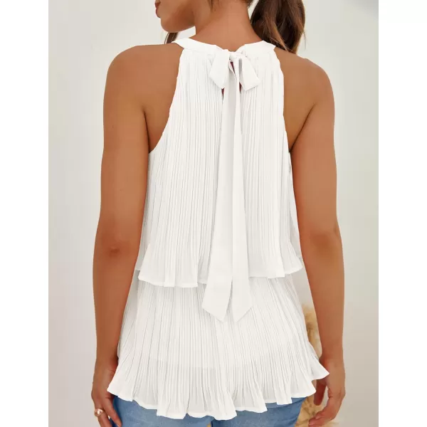 imageZESICA Womens 2024 Summer Halter Tank Tops Casual Sleeveless Ruffle Tiered Layered Chiffon Flowy Blouse ShirtsWhite
