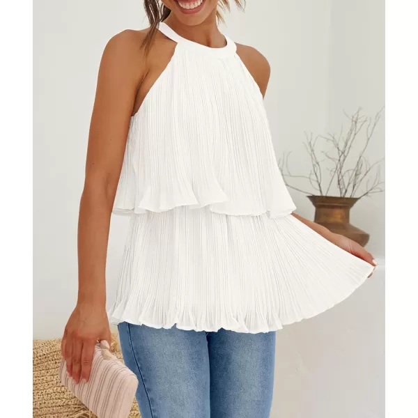 imageZESICA Womens 2024 Summer Halter Tank Tops Casual Sleeveless Ruffle Tiered Layered Chiffon Flowy Blouse ShirtsWhite