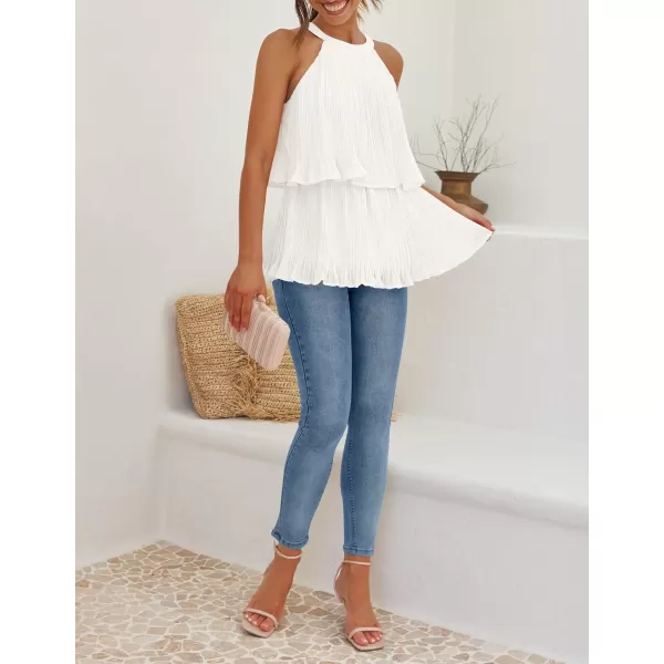 imageZESICA Womens 2024 Summer Halter Tank Tops Casual Sleeveless Ruffle Tiered Layered Chiffon Flowy Blouse ShirtsWhite