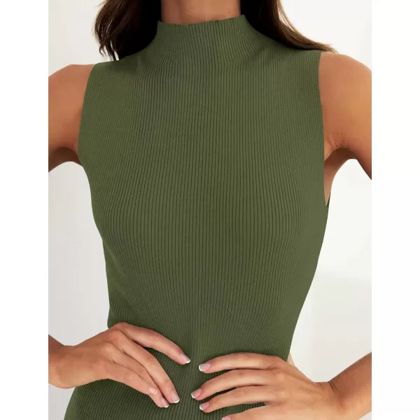 imageZESICA Womens 2024 Summer Knitted Sweater Dress Sleeveless Mock Neck Ribbed Side Slit Bodycon Tank Midi DressesArmygreen
