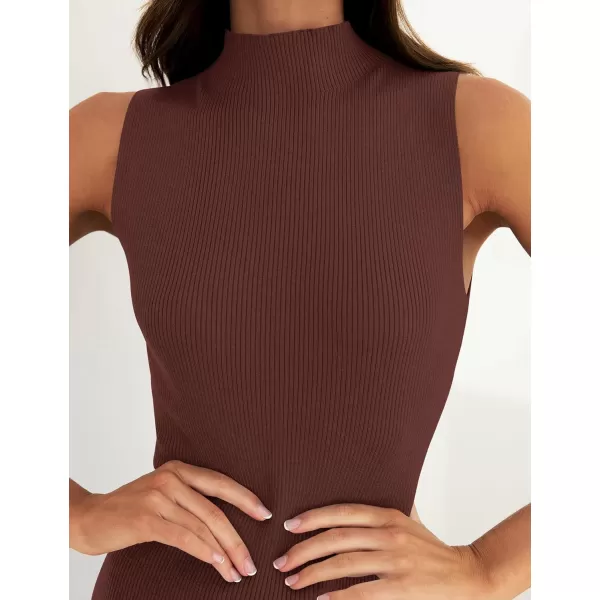 imageZESICA Womens 2024 Summer Knitted Sweater Dress Sleeveless Mock Neck Ribbed Side Slit Bodycon Tank Midi DressesCoffee