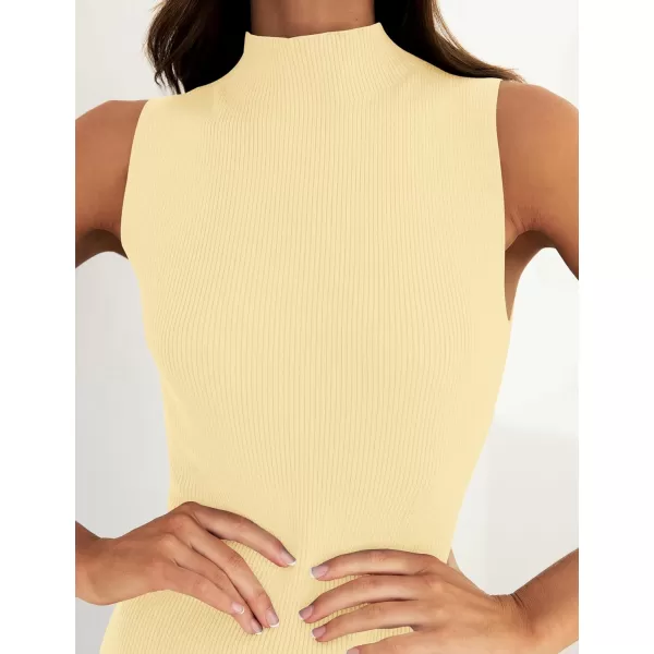 imageZESICA Womens 2024 Summer Knitted Sweater Dress Sleeveless Mock Neck Ribbed Side Slit Bodycon Tank Midi DressesLightyellow