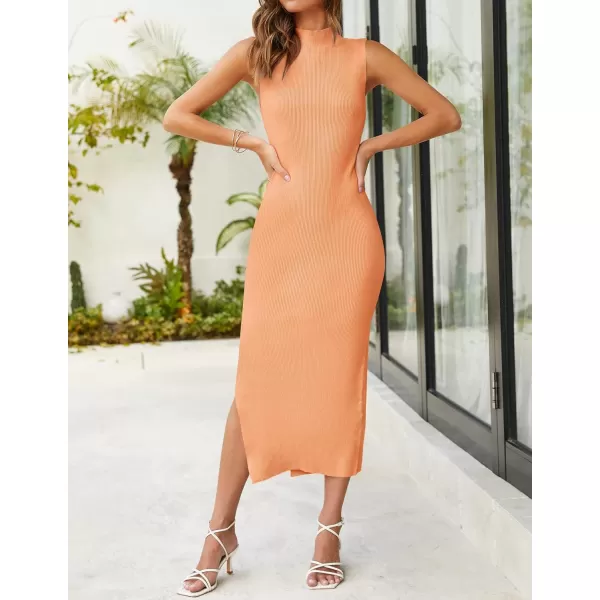 imageZESICA Womens 2024 Summer Knitted Sweater Dress Sleeveless Mock Neck Ribbed Side Slit Bodycon Tank Midi DressesOrange