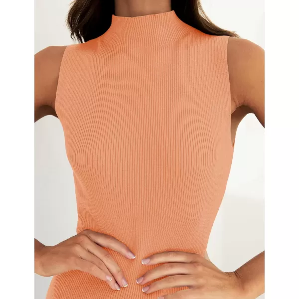 imageZESICA Womens 2024 Summer Knitted Sweater Dress Sleeveless Mock Neck Ribbed Side Slit Bodycon Tank Midi DressesOrange
