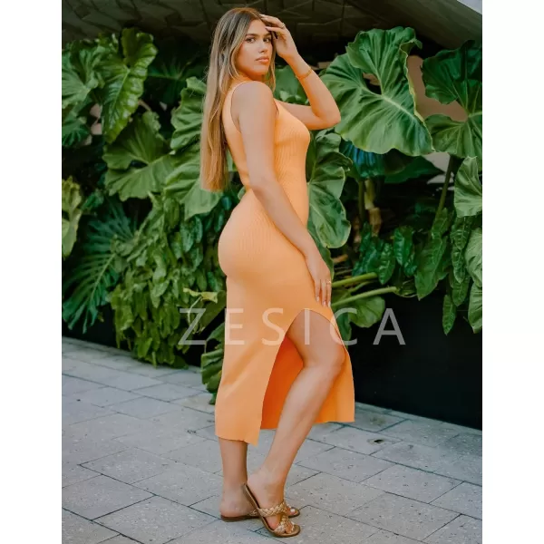 imageZESICA Womens 2024 Summer Knitted Sweater Dress Sleeveless Mock Neck Ribbed Side Slit Bodycon Tank Midi DressesOrange