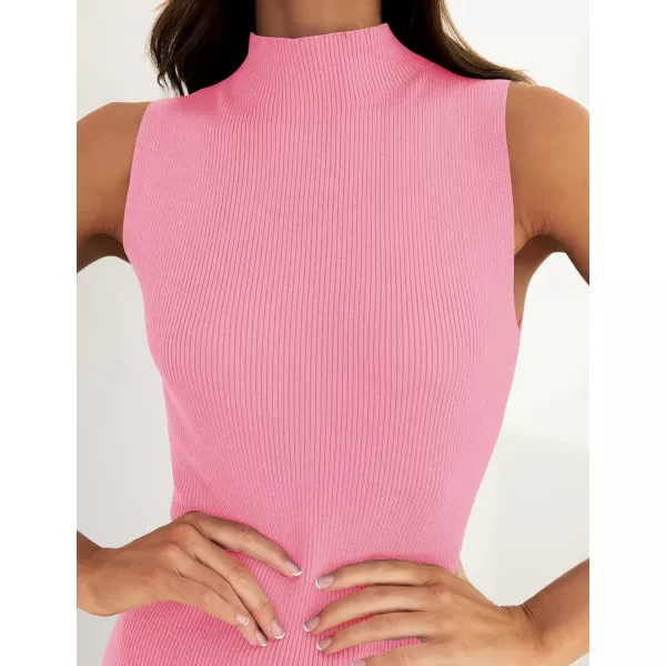 imageZESICA Womens 2024 Summer Knitted Sweater Dress Sleeveless Mock Neck Ribbed Side Slit Bodycon Tank Midi DressesPink