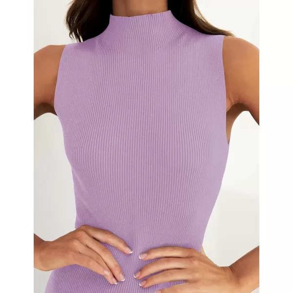 imageZESICA Womens 2024 Summer Knitted Sweater Dress Sleeveless Mock Neck Ribbed Side Slit Bodycon Tank Midi DressesPurple