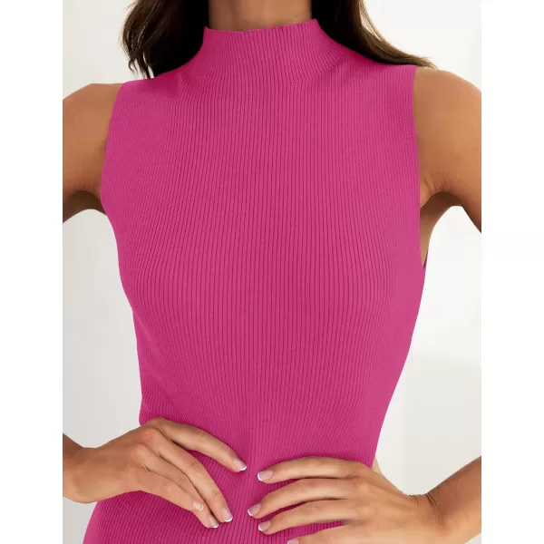 imageZESICA Womens 2024 Summer Knitted Sweater Dress Sleeveless Mock Neck Ribbed Side Slit Bodycon Tank Midi DressesRose