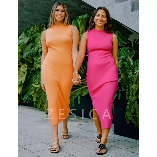 imageZESICA Womens 2024 Summer Knitted Sweater Dress Sleeveless Mock Neck Ribbed Side Slit Bodycon Tank Midi DressesRose