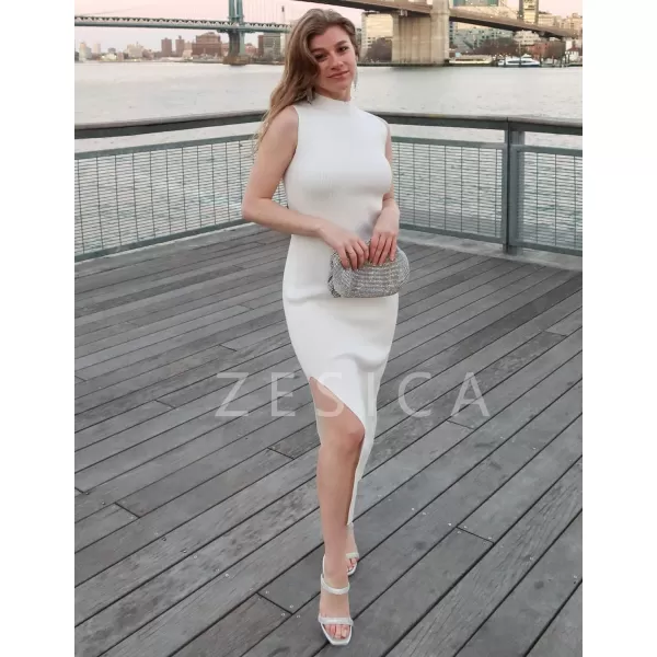 imageZESICA Womens 2024 Summer Knitted Sweater Dress Sleeveless Mock Neck Ribbed Side Slit Bodycon Tank Midi DressesWhite