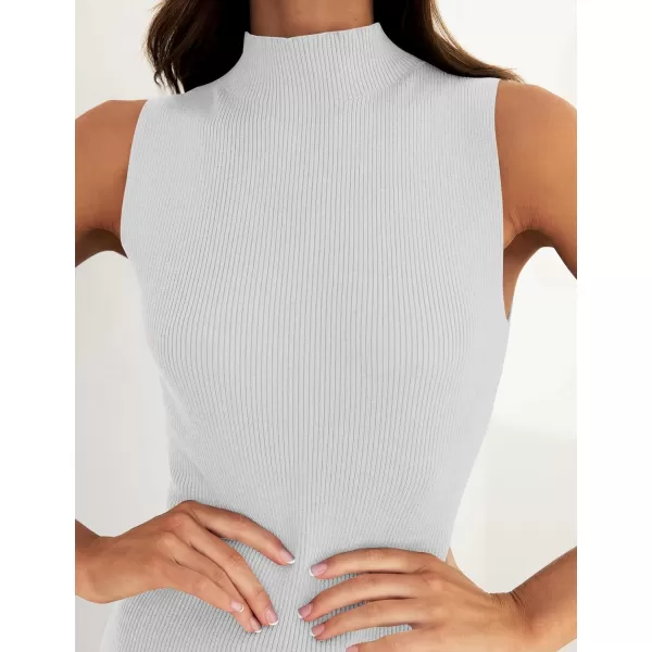 imageZESICA Womens 2024 Summer Knitted Sweater Dress Sleeveless Mock Neck Ribbed Side Slit Bodycon Tank Midi DressesWhite