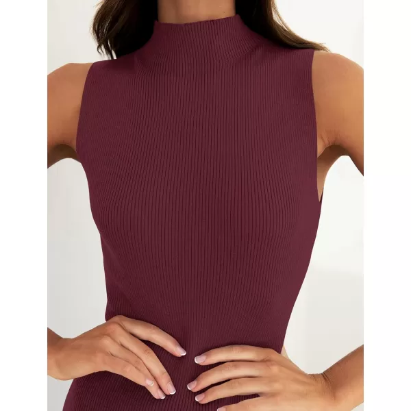 imageZESICA Womens 2024 Summer Knitted Sweater Dress Sleeveless Mock Neck Ribbed Side Slit Bodycon Tank Midi DressesWine