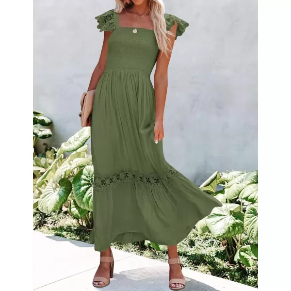 imageZESICA Womens 2024 Summer Lace Strap Sleeveless Square Neck Smocked High Waist Ruffle Hollow Out Flowy A Line Maxi DressArmygreen
