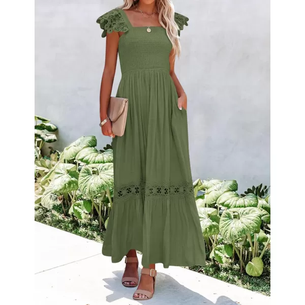 imageZESICA Womens 2024 Summer Lace Strap Sleeveless Square Neck Smocked High Waist Ruffle Hollow Out Flowy A Line Maxi DressArmygreen