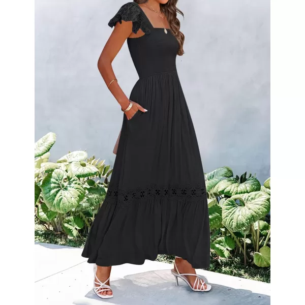 imageZESICA Womens 2024 Summer Lace Strap Sleeveless Square Neck Smocked High Waist Ruffle Hollow Out Flowy A Line Maxi DressBlack