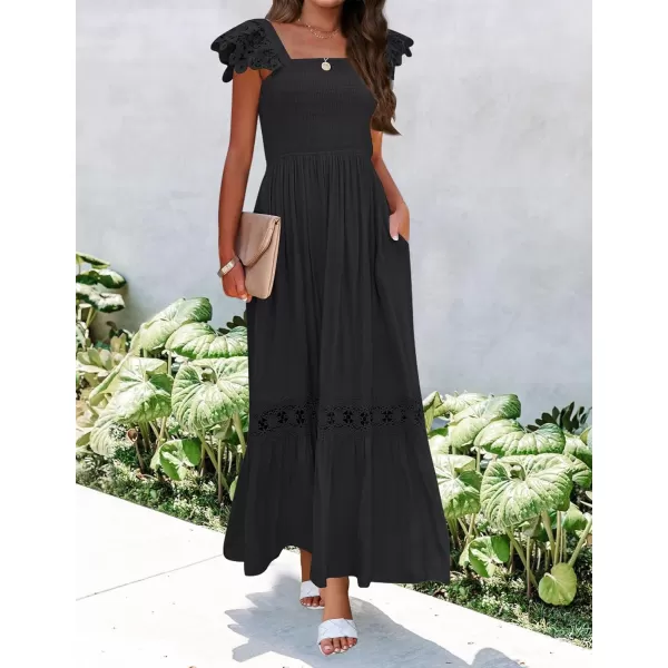 imageZESICA Womens 2024 Summer Lace Strap Sleeveless Square Neck Smocked High Waist Ruffle Hollow Out Flowy A Line Maxi DressBlack