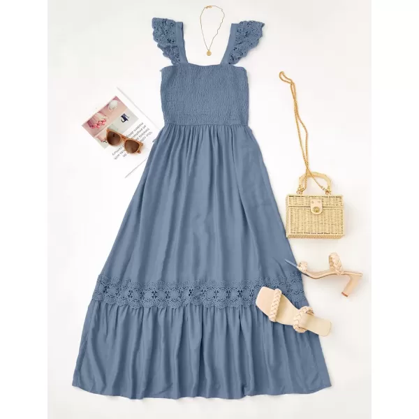 imageZESICA Womens 2024 Summer Lace Strap Sleeveless Square Neck Smocked High Waist Ruffle Hollow Out Flowy A Line Maxi DressDustyblue