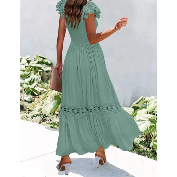 imageZESICA Womens 2024 Summer Lace Strap Sleeveless Square Neck Smocked High Waist Ruffle Hollow Out Flowy A Line Maxi DressGreen