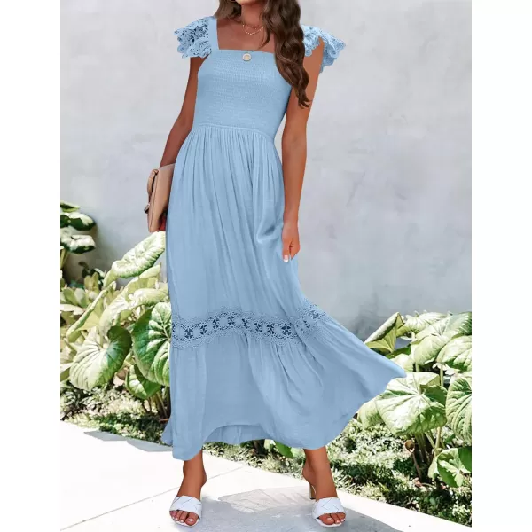 imageZESICA Womens 2024 Summer Lace Strap Sleeveless Square Neck Smocked High Waist Ruffle Hollow Out Flowy A Line Maxi DressLightblue