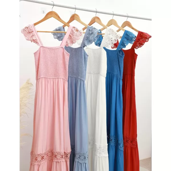imageZESICA Womens 2024 Summer Lace Strap Sleeveless Square Neck Smocked High Waist Ruffle Hollow Out Flowy A Line Maxi DressLightblue