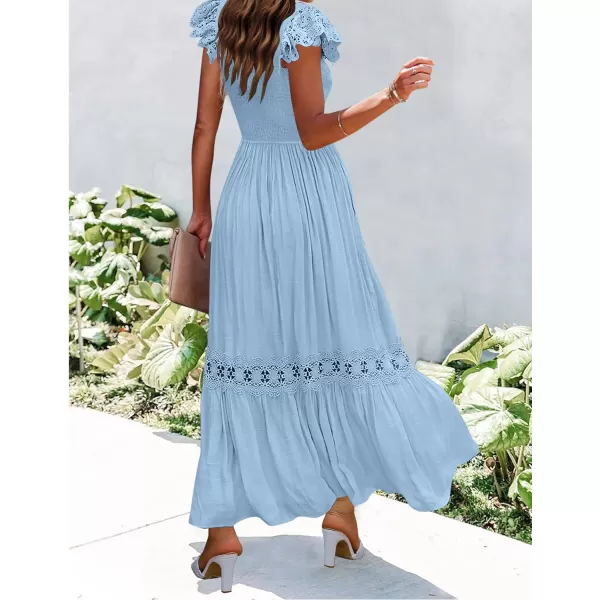 imageZESICA Womens 2024 Summer Lace Strap Sleeveless Square Neck Smocked High Waist Ruffle Hollow Out Flowy A Line Maxi DressLightblue