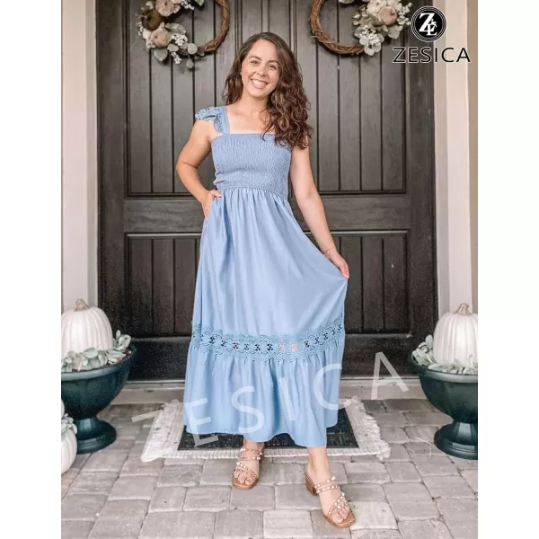 imageZESICA Womens 2024 Summer Lace Strap Sleeveless Square Neck Smocked High Waist Ruffle Hollow Out Flowy A Line Maxi DressLightblue