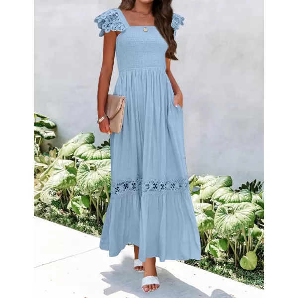 imageZESICA Womens 2024 Summer Lace Strap Sleeveless Square Neck Smocked High Waist Ruffle Hollow Out Flowy A Line Maxi DressLightblue