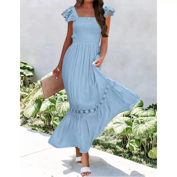 imageZESICA Womens 2024 Summer Lace Strap Sleeveless Square Neck Smocked High Waist Ruffle Hollow Out Flowy A Line Maxi DressLightblue