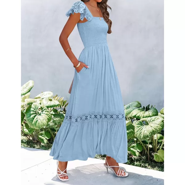 imageZESICA Womens 2024 Summer Lace Strap Sleeveless Square Neck Smocked High Waist Ruffle Hollow Out Flowy A Line Maxi DressLightblue