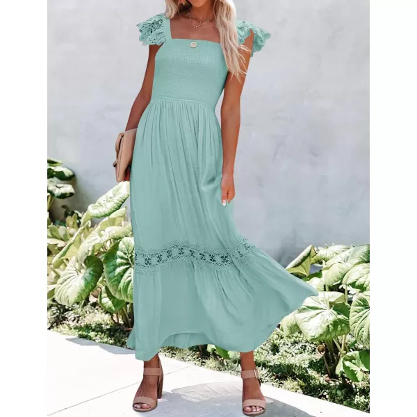 imageZESICA Womens 2024 Summer Lace Strap Sleeveless Square Neck Smocked High Waist Ruffle Hollow Out Flowy A Line Maxi DressLightgreen