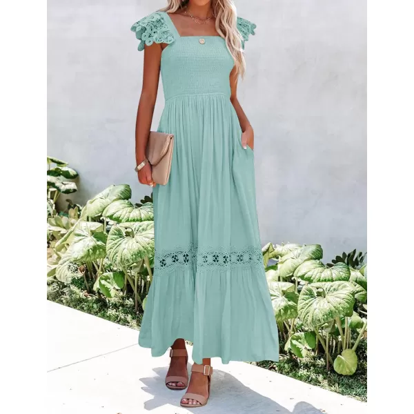 imageZESICA Womens 2024 Summer Lace Strap Sleeveless Square Neck Smocked High Waist Ruffle Hollow Out Flowy A Line Maxi DressLightgreen